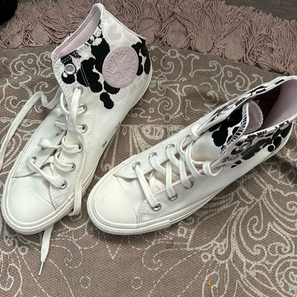 Converse white with pink and black print high top